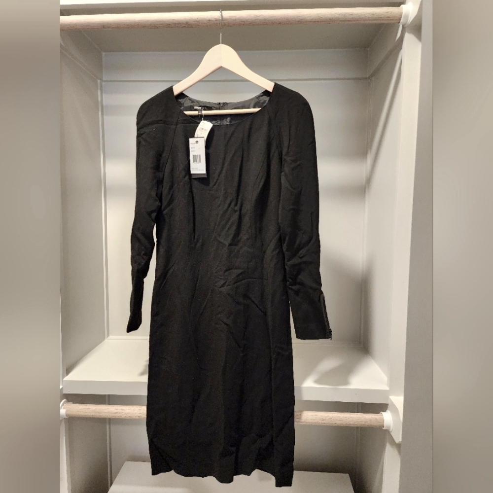 Lafayette 148 black dress with leather accents and zipper details, size 6